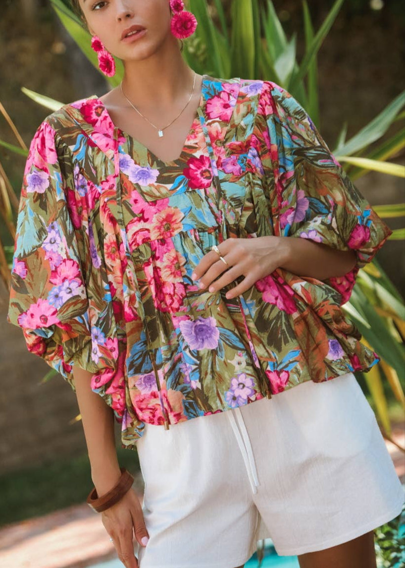 Garden Party Printed Blouse With Wide Bubble Sleeve