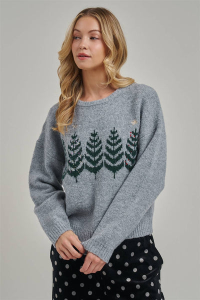 COZY CHRISTMAS TREE HOLIDAY SWEATER TOP_JLT00375-01: GREY / S-M-L(2-2-2)