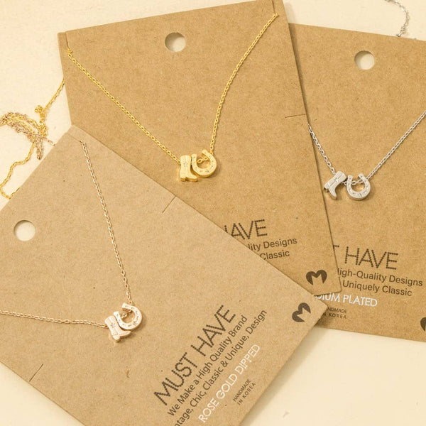 Gold Dipped Cowboy Boots Horse Shoe Charm Necklace: G