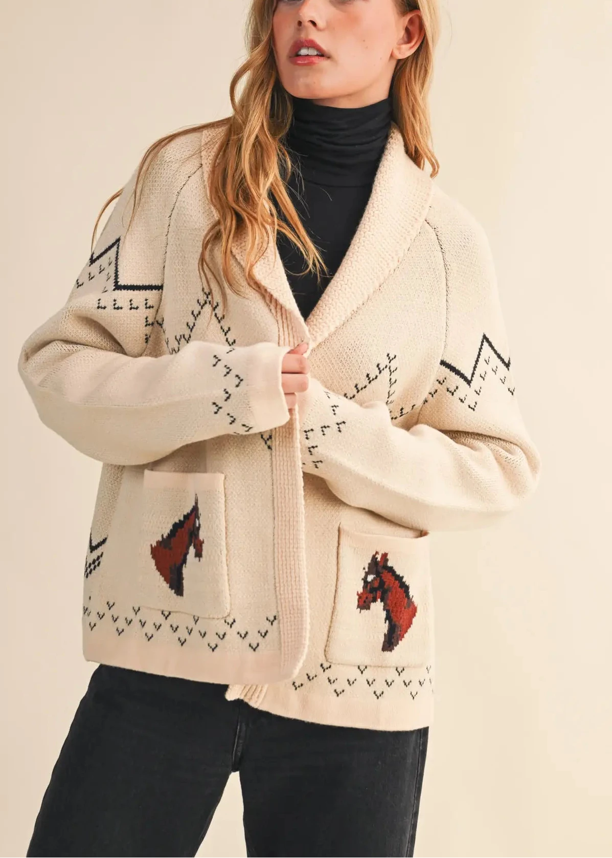 Giddy Up Horse Cardigan Sweater in Beige