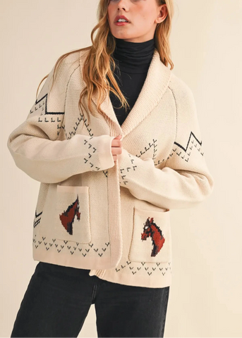Giddy Up Horse Cardigan Sweater in Beige