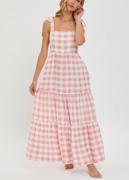 Pink and White Gingham Tiered Maxi Dress