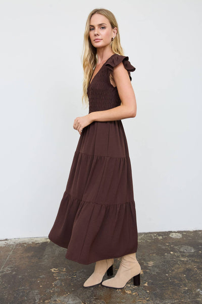 Chocolate Smocked Midi dress with Flutter Sleeves