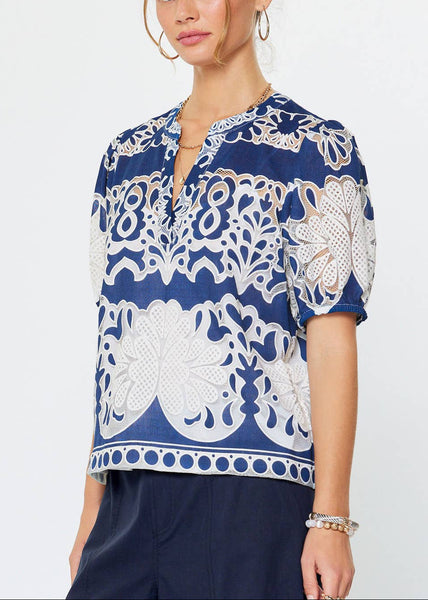 Embroidered Short Puff Sleeve Blouse