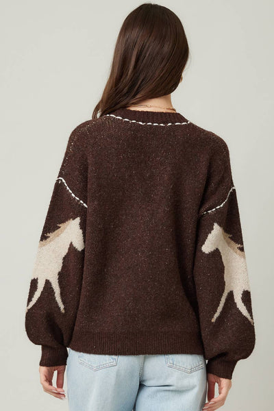 IM8672-Fall Top Rated Knit Horse Cozy Cardigan: S/M / Brown