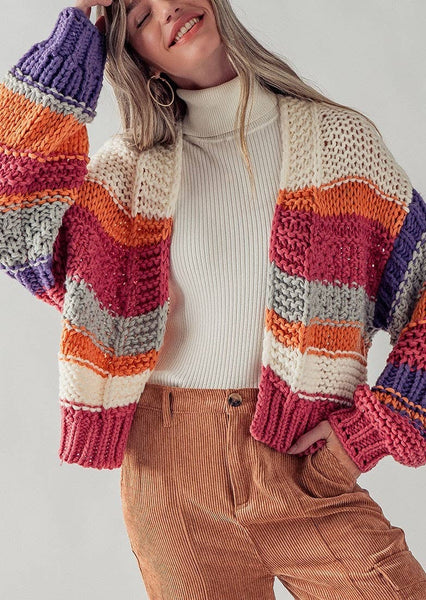 Open Front Chunky Knit Cardigan Color Block Sweater