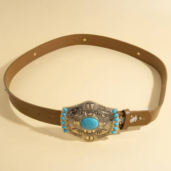 Turquoise Stone Western Concho Buckle Faux Leather Belt in Gold and Brown