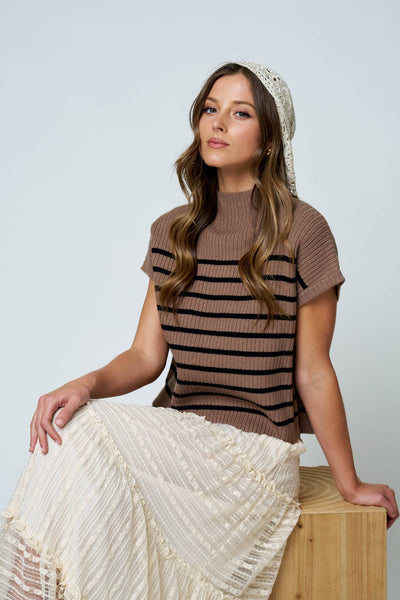 Mocha Striped Mock Neck Knit Sweater