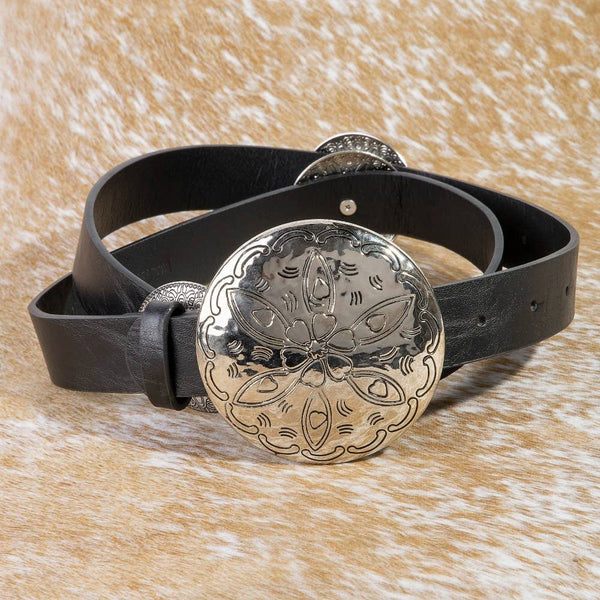 Large Circle Concho Disc Leather Belt in Gold and Brown