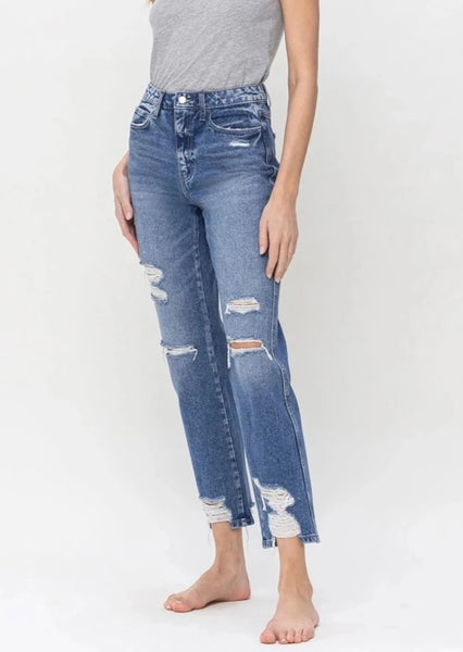 Ultra High Rise Straight Leg Distressed Jeans