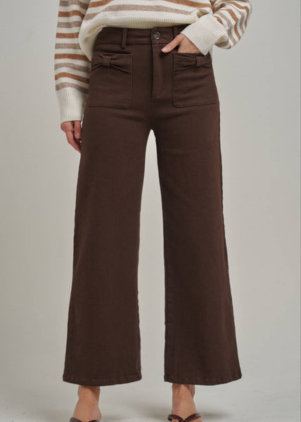 Chocolate Wide Leg Stretch Pants with Bow Detail Pockets