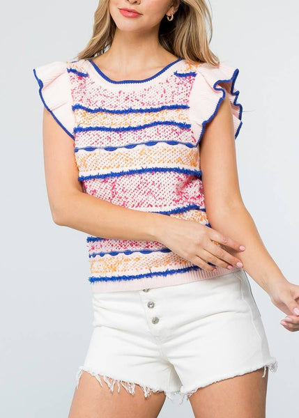 THML Ribbed Fringe Ruffle Sleeve Knit Top