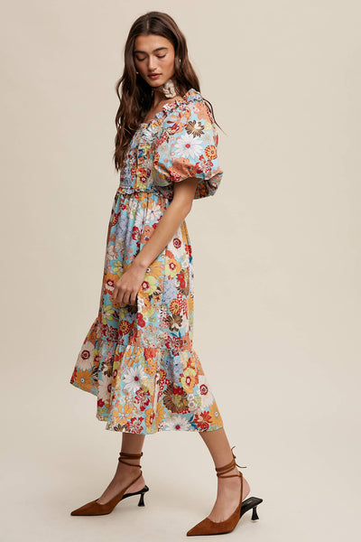 Vintage Flower Print Puff-Sleeve Midi Dress