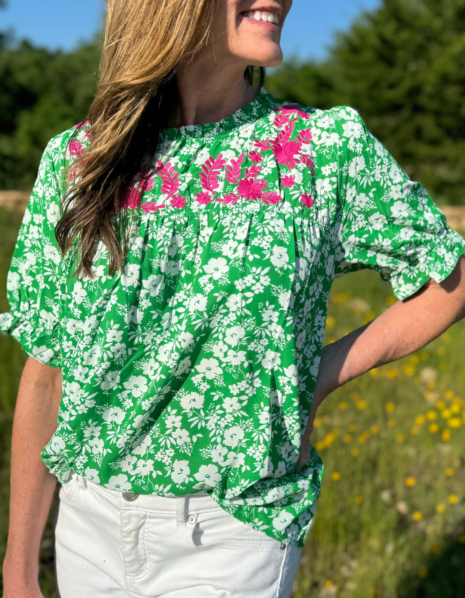 Floral Embroidery Ruffle Neck Top in Green