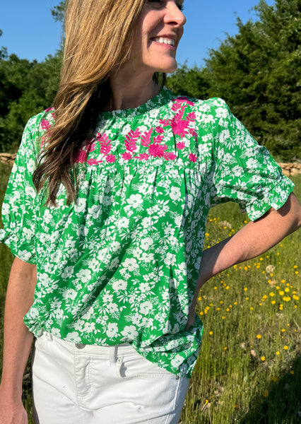 Floral Embroidery Ruffle Neck Top in Green