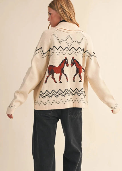 Giddy Up Horse Cardigan Sweater in Beige
