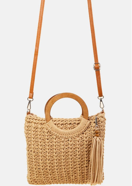 Wooden Hoop Handle Crochet Knit Cross-body Bag