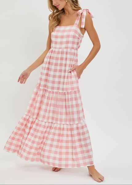 Pink and White Gingham Tiered Maxi Dress