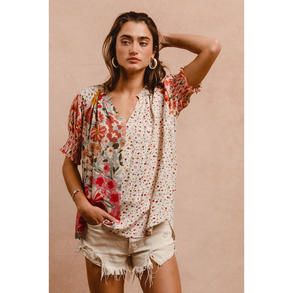 WOVEN PRINT MIX AND MATCH PEASANT TOP: ROSE MIX / XL