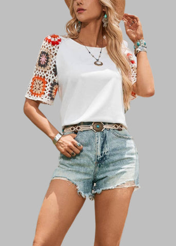 Boho Charm Crochet Sleeve Short Sleeve Top