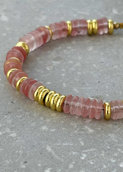 Tarnish Resistant Stone And Gold Beaded Bracelet in Pink