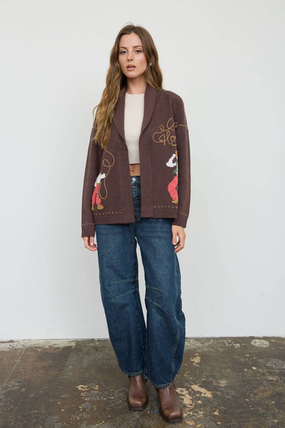 Howdy Cowboy Jacquard Shawl Collar Knit Cardigan Sweater