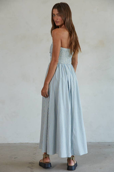 L6998 | Striped Tube Neck Strapless Flare Maxi Dress: Dusty Blue / M