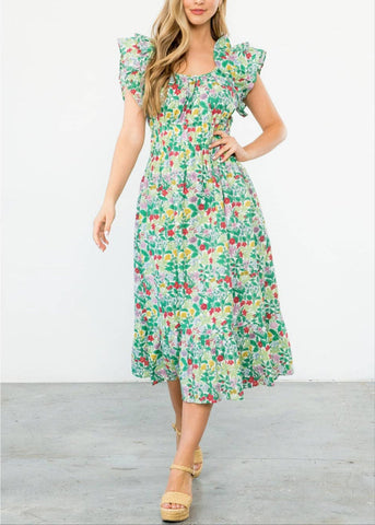 Flower Print Ruffle Sleeve Midi Dress