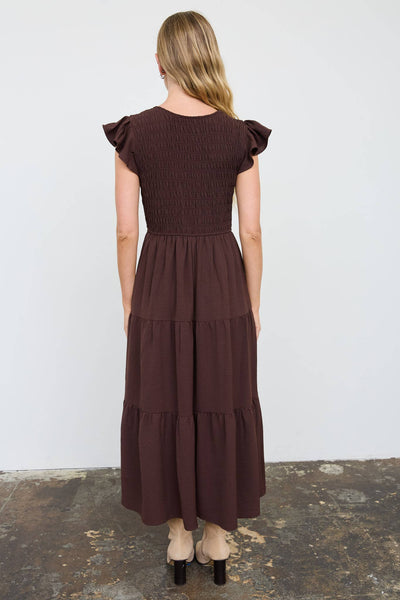 Chocolate Smocked Midi dress with Flutter Sleeves