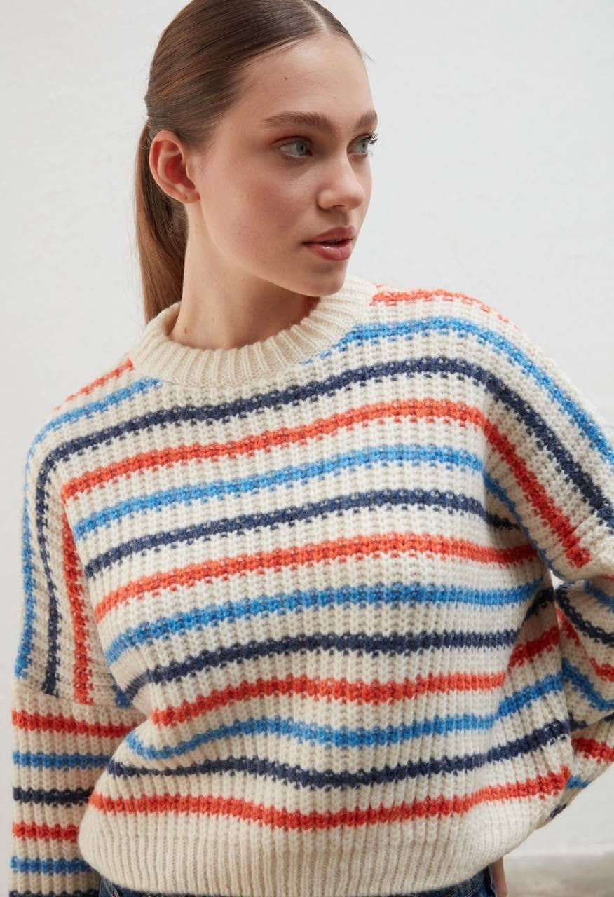 Striped Chunky Cropped  Crewneck Sweater