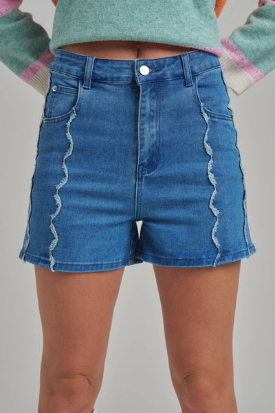 HIGH RISE WIDE LEG DENIM SHORTS WITH SCALLOPED FRONT SEAM: LIGHT WASH / S-M-L(2-2-2)