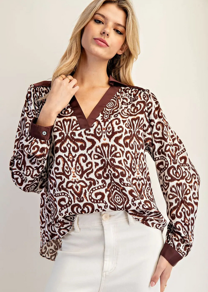 Stylish Patterned Blouse in Burgundy and White