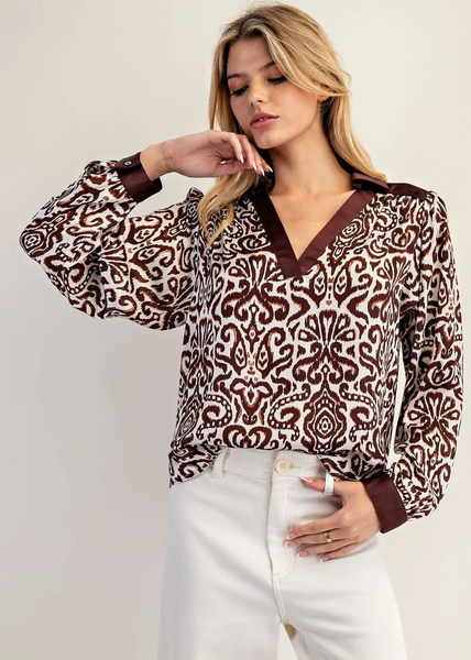 Stylish Patterned Blouse in Burgundy and White