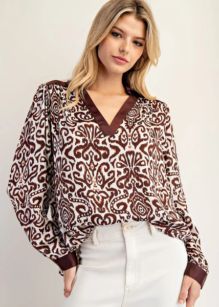 Stylish Patterned Blouse in Burgundy and White