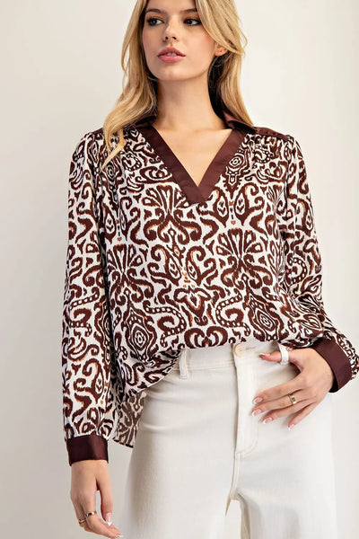 Stylish Patterned Blouse in Burgundy and White