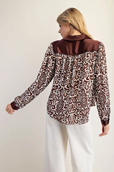 Stylish Patterned Blouse in Burgundy and White