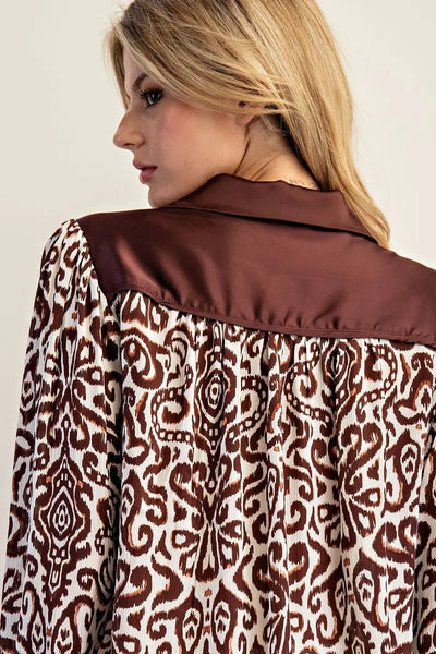 Stylish Patterned Blouse in Burgundy and White