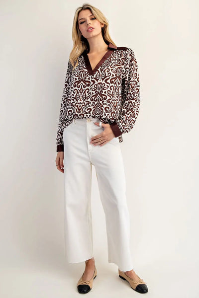 Stylish Patterned Blouse in Burgundy and White