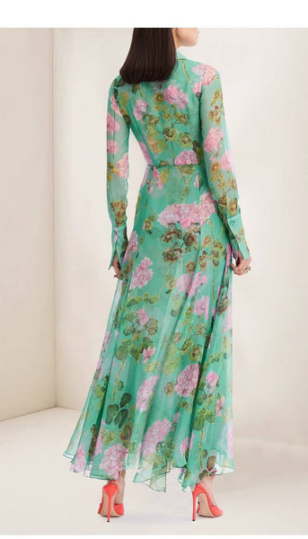 Green Floral Button‑Front Maxi Dress