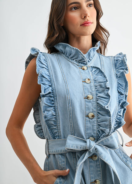 Ruffle Detail Denim Dress