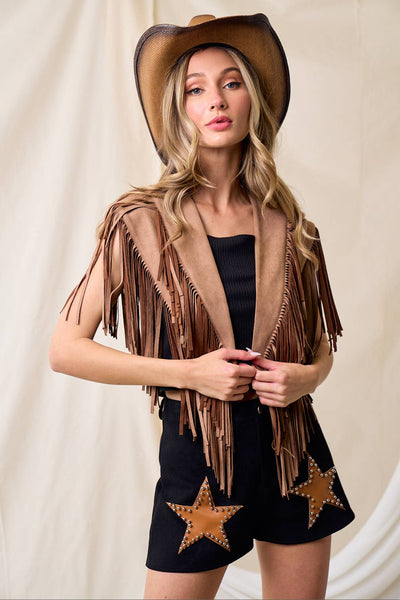 SIJ5247A TAN WESTERN FRINGE SUEDE COLLAR / SHRUG: LARGE