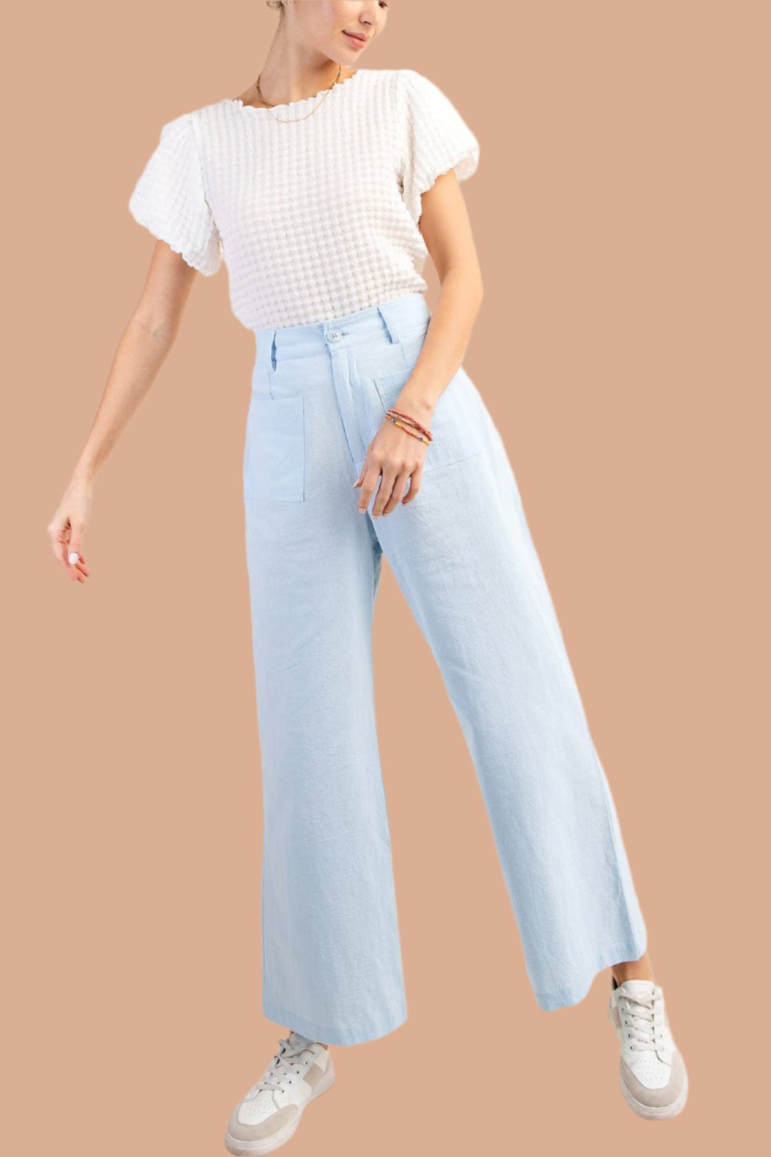 Baby Blue Linen High Rise Wide Leg Pants