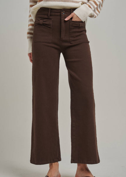 Chocolate Wide Leg Stretch Pants with Bow Detail Pockets