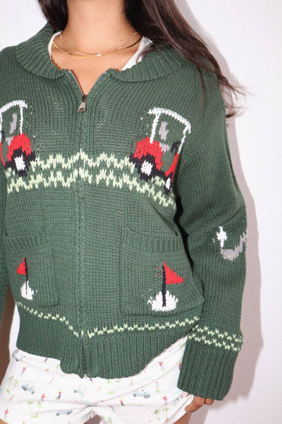 Hole In One Intarsia Zip Sweater : Green / XS