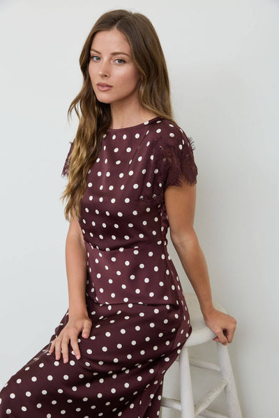 POLKA DOT LACE TRIM SHORT SLEEVE MIDI DRESS: BLACK