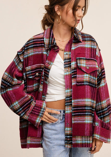 Berry Plaid Button Down Jacket