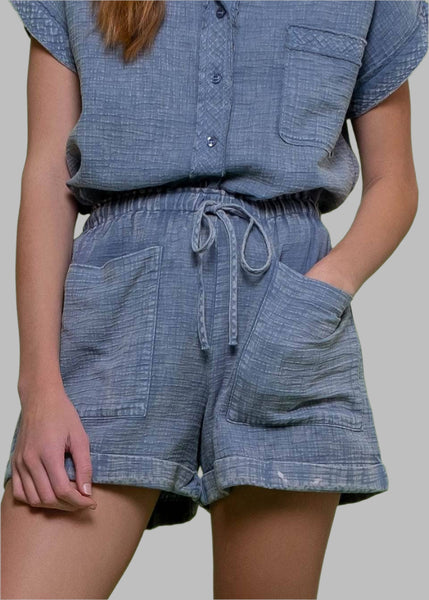 Washed Blue Drawstring Cotton Shorts