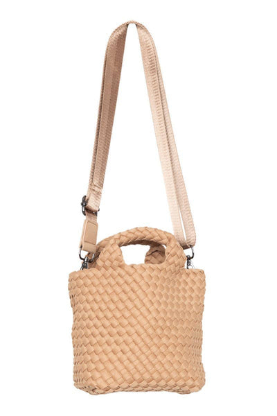 Camel Woven Crossbody Bucket Bag