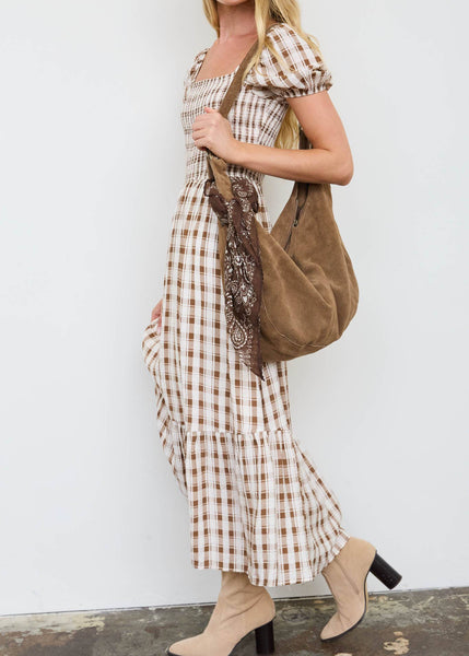 Gingham Smocked Puff Sleeve Tiered Midi Dress