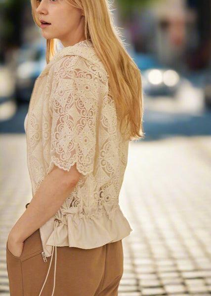 Zip Up Crocheted Laced Short Sleeve Top with Hood ~FINAL SALE
